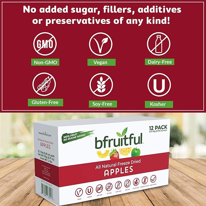 bfruitful Freeze-Dried Apple, Freeze Dried Fresh Fruit Bites, Gluten Free, Vegan, Dairy Free, Kosher, No Sugar Added, Non GMO, Healthy Snacks for Kids or Adults, Single-Serve Snack Packets, 12 Pack
