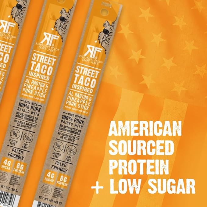 Righteous Felon Meat Sticks | 100% Pork Sticks | Gluten Free & Keto Meat Sticks | Low Sugar & High Protein Pork Sticks | Healthy Snack for Adults | Jerky Gifts for Men | Street Taco, 24 Pack