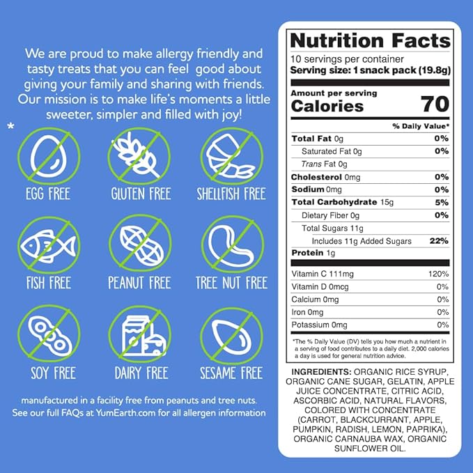 YumEarth Organic Fruit Flavored Gummy Bears, 10- .7oz. Snack Packs, Allergy Friendly, Gluten Free, Non-GMO, No Artificial Flavors or Dyes