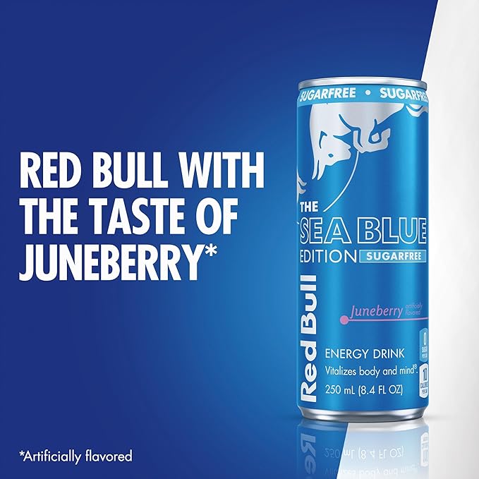 Red Bull Sea Blue Edition Sugar Free Energy Drink, Juneberry, 8.4 fl. oz., Case of 24 cans, with 80mg Caffeine, Taurine & B Vitamins