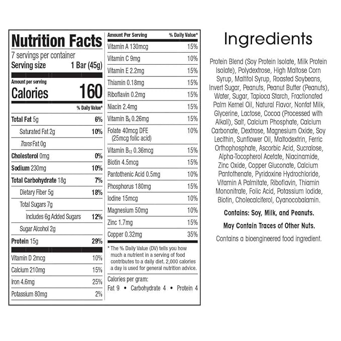 WonderSlim Meal Replacement Protein Bar, Peanut, 15g Protein, 20 Vitamins & Minerals, Gluten Free (7ct)