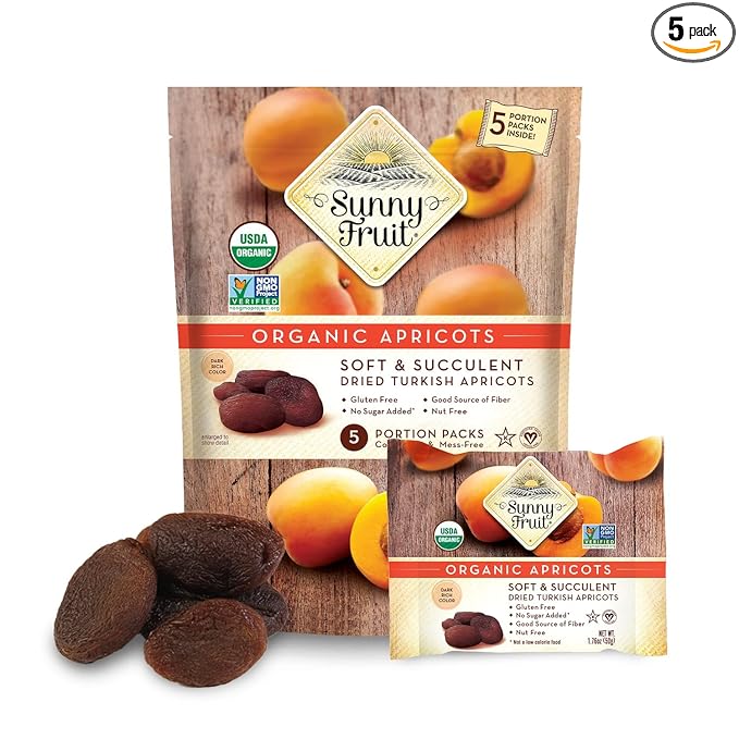 Sunny Fruit Soft Organic Turkish Dried Apricots - 1 Bag (5 Individual Portion Packs) | No Preservatives, No Sugar Added | Healthy, Convenient Snack Packs | ORGANIC, NON-GMO, VEGAN, HALAL, KOSHER