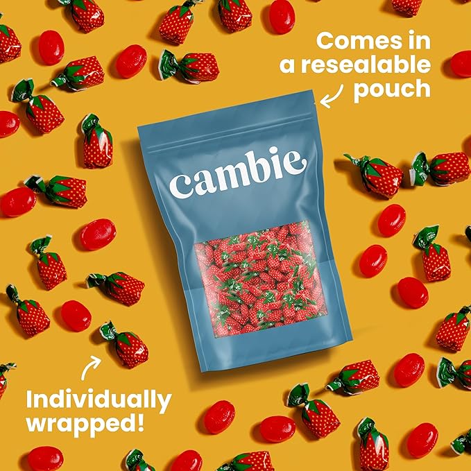 Strawberry Hard Candy Individually Wrapped by Cambie, 4 lbs of Strawberry Candy with a Deliciously Sweet Hard Exterior with a Soft, Fruit-Filled Center