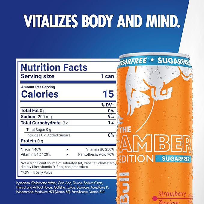 Red Bull Amber Edition Sugar Free Energy Drink, Strawberry Apricot, with 114mg Caffeine plus Taurine & B Vitamins, 12 Fl Oz, Pack of 4 Cans