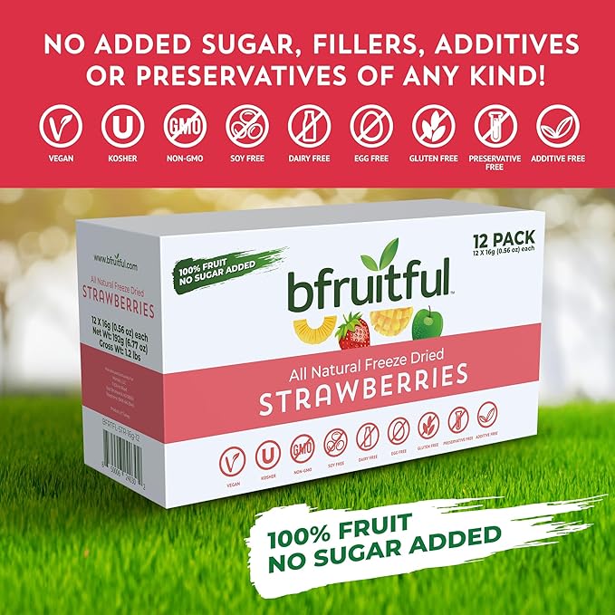 bfruitful Freeze-Dried Strawberries, Freeze Dried Fresh Fruit Bites, Gluten Free, Vegan, Dairy Free, Kosher, No Sugar Added, Non GMO, Healthy Snacks for Kids or Adults, Single-Serve Snack Packets, 12 Pack