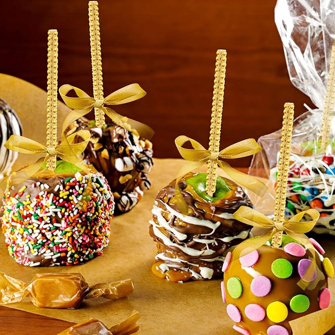 Bling Sticks for Candy Apples, 26Pcs Caramel Apple Wooden Pointed Skewers with 26Pcs Glass Bag and 22Yd Glitter Ribbons Tie, Fruit Cake Pop Chocolate Sliver Crystal Bamboo Sticks for Party Favor