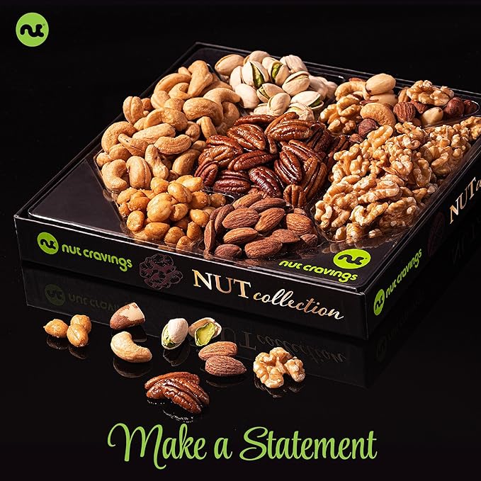 NUT CRAVINGS - Nut Collection Gift Basket in Elegant Box (7 Assortments) Food Arrangement, Healthy Snack Care Package, Food Assortments