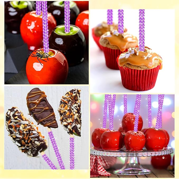 Bling Sticks for Candy Apples, 26Pcs Caramel Apple Wooden Pointed Skewers with 26Pcs Glass Bag and 22Yd Glitter Ribbons Tie, Fruit Cake Pop Chocolate Purple Crystal Bamboo Sticks for Party Favor