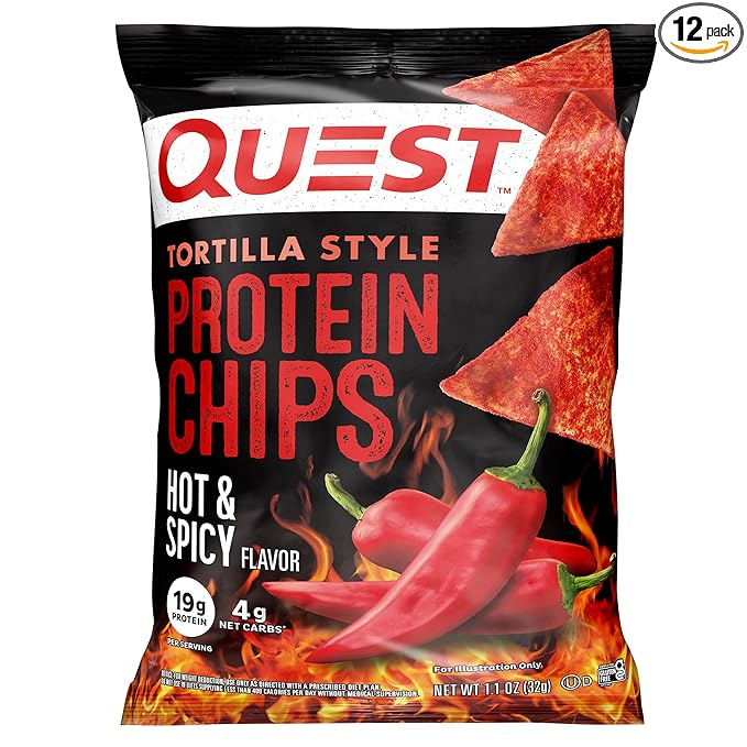 Quest Nutrition Tortilla Style Protein Chips, Hot & Spicy, 19g of Protein, 4g Net Carbs, Gluten Free, 1.1 Ounce (Pack of 12)