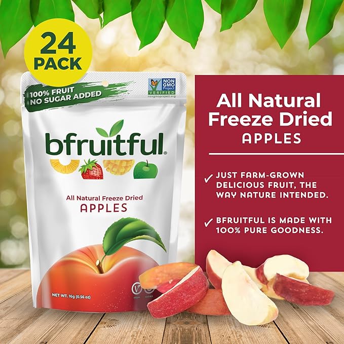 bfruitful Freeze-Dried Apple, Freeze Dried Fresh Fruit Bites, Gluten Free, Vegan, Dairy Free, Kosher, No Sugar Added, Non GMO, Healthy Snacks for Kids or Adults, Single-Serve Snack Packets, 24 Pack