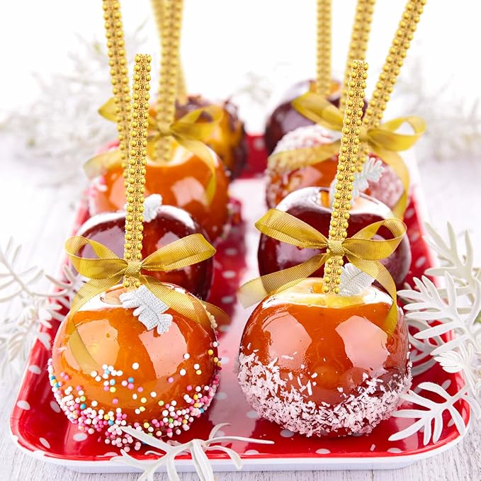 Bling Sticks for Candy Apples, 26Pcs Caramel Apple Wooden Pointed Skewers with 26Pcs Glass Bag and 22Yd Glitter Ribbons Tie, Fruit Cake Pop Chocolate Sliver Crystal Bamboo Sticks for Party Favor