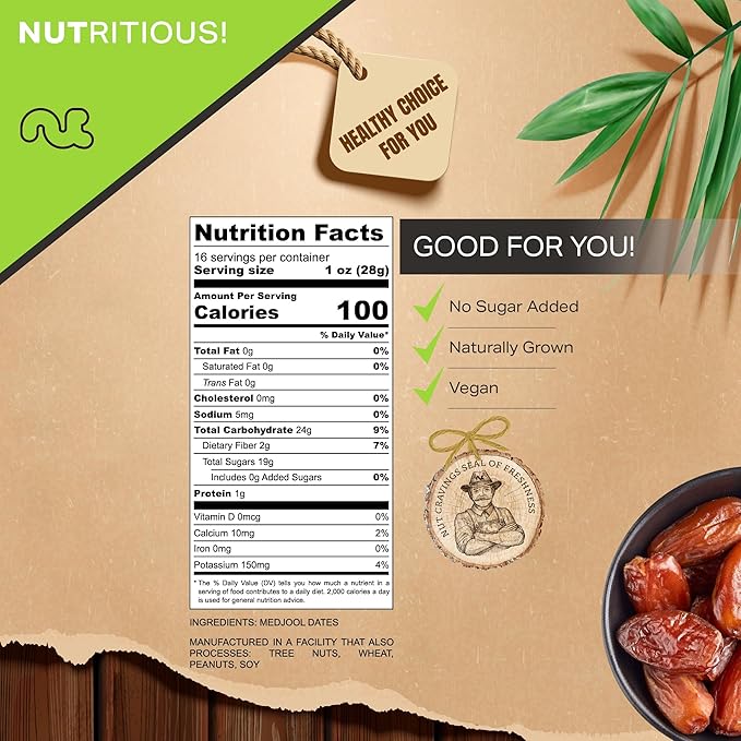 NUT CRAVINGS - Sun Dried Jumbo Medjool Dates, No Sugar Added (16oz, 1 LB) Bulk Dry Fruits Packed Fresh in Resealable Bag - Sweet Healthy Snack, Naturally Grown, Vegan, Kosher
