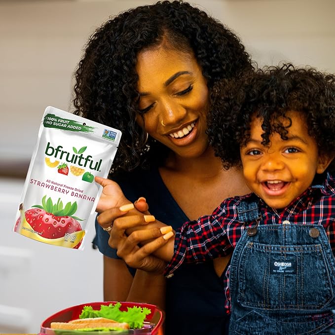 bfruitful Freeze-Dried Strawberry Banana, Freeze Dried Fresh Fruit Bites, Gluten Free, Vegan, Dairy Free, Kosher, No Sugar Added, Non GMO, Healthy Snacks for Kids or Adults, Single-Serve Snack Packets, 12 Pack