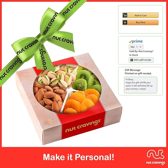 NUT CRAVINGS - Rosh Hashana & Shana Tova Dried Fruit & Mixed Nuts Gift Basket in Red Box (4 Assortments) Food Arrangement, Healthy Snack Care Package, Food Assortments
