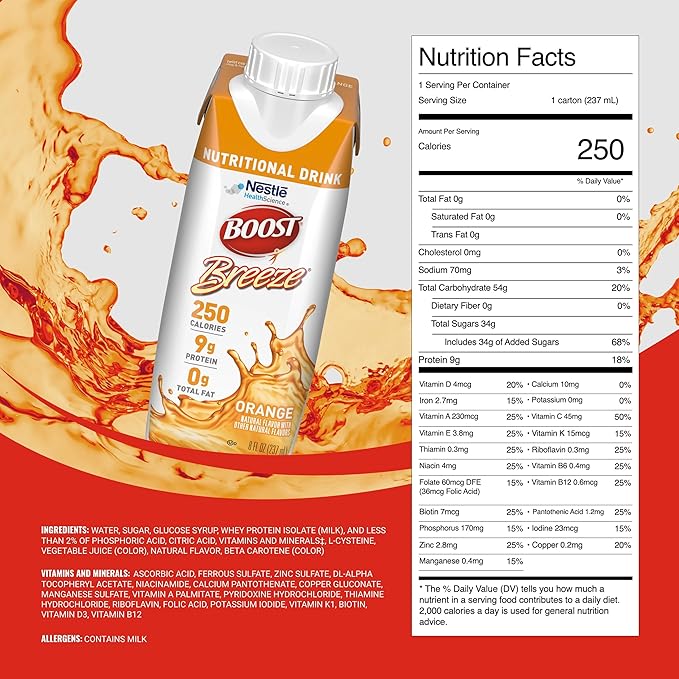 BOOST Breeze Clear Nutritional Drink - 250 Calories - 19 Vitamins & Minerals - 9 g Protein – Fortified Clear Nutritional Drink with Vitamin A & Zinc - Orange Flavor - 8 fl oz (Pack of 24)