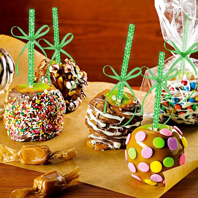 Bling Sticks for Candy Apples, 26Pcs Caramel Apple Wooden Pointed Skewers with 26Pcs Glass Bag and 22Yd Glitter Ribbons Tie, Fruit Cake Pop Chocolate Green Crystal Bamboo Sticks for Party Favor