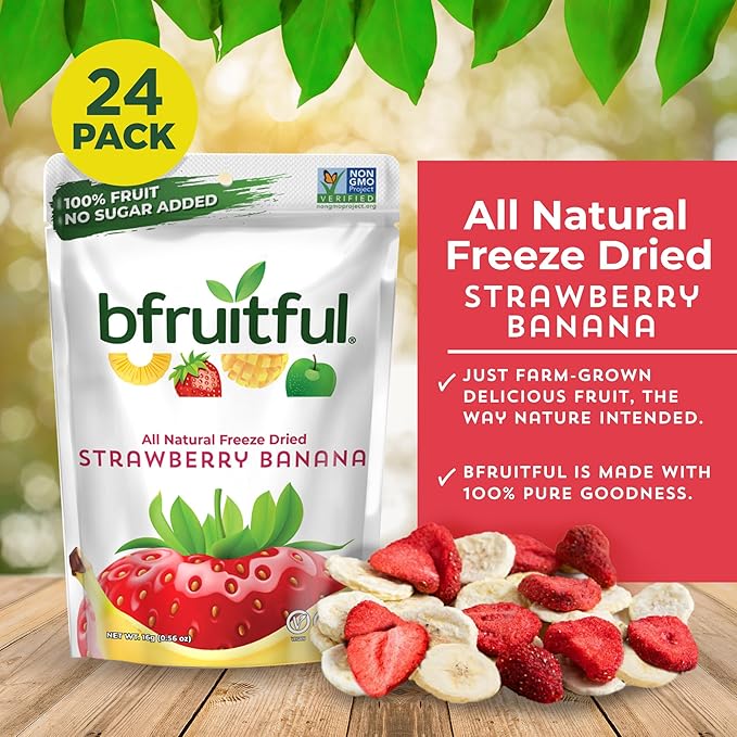 bfruitful Freeze-Dried Strawberry Banana, Freeze Dried Fresh Fruit Bites, Gluten Free, Vegan, Dairy Free, Kosher, No Sugar Added, Non GMO, Healthy Snacks for Kids or Adults, Single-Serve Snack Packets, 24 Pack