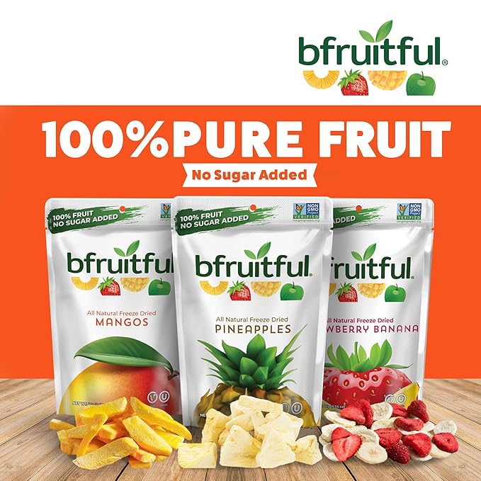 bfruitful Freeze-Dried Mangos, Strawberry Bananas, Pineapples Variety Pack, Freeze Dried Fresh Fruit Bites, Gluten Free, Vegan, Dairy Free, Kosher, No Sugar Added, Non GMO, Healthy Snacks for Kids or Adults, Single-Serve Snack Packets, 12 Pack