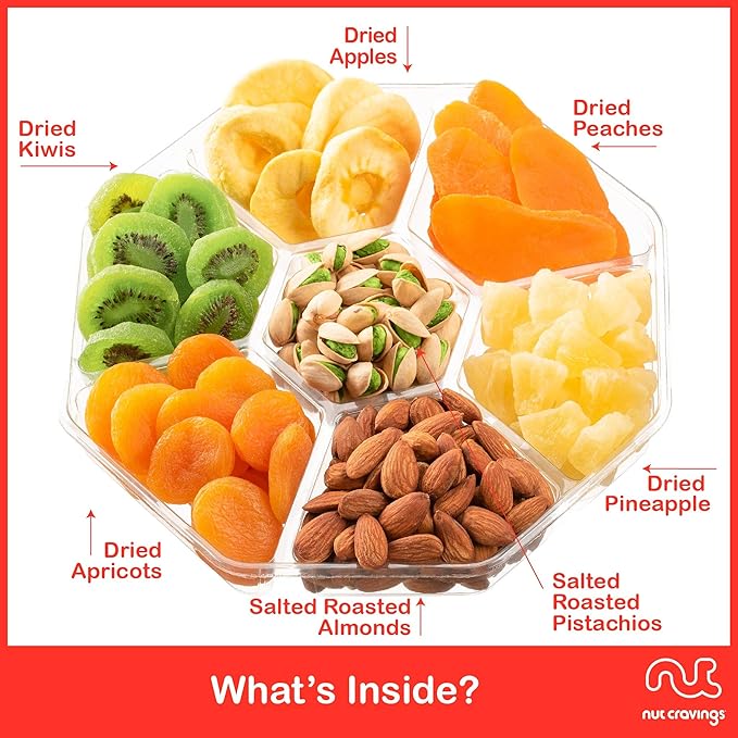 NUT CRAVINGS - Rosh Hashana & Shana Tova Dried Fruit & Mixed Nuts Gift Basket in Red Box (7 Assortments, 2 LB) Food Arrangement, Healthy Snack Care Package, Food Assortments