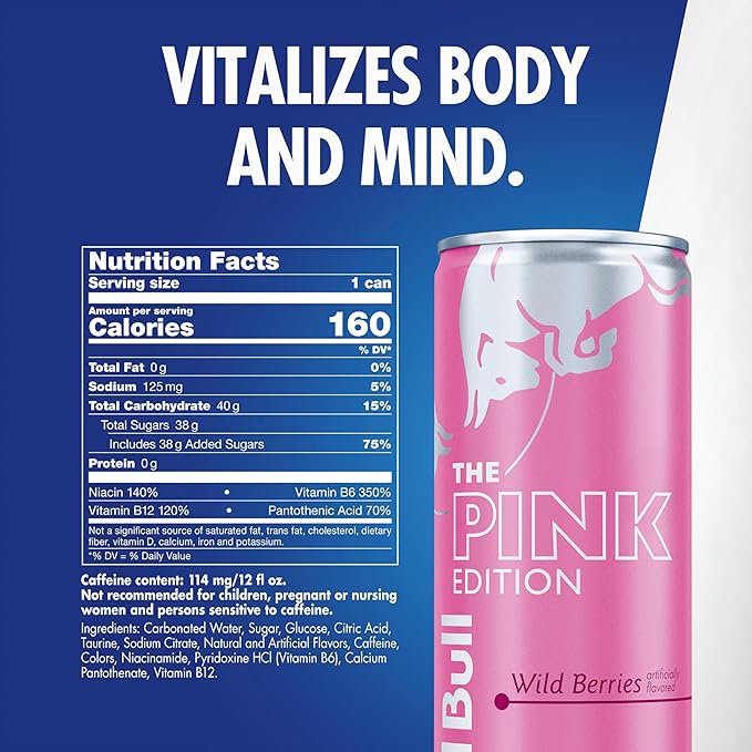 Red Bull Pink Edition Energy Drink, Wild Berries, 12 fl. oz., Pack of 4 cans, with 80mg Caffeine, Taurine & B Vitamins
