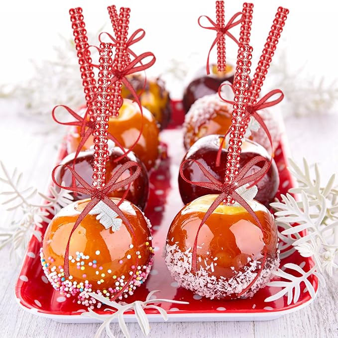 Bling Sticks for Candy Apples, 26Pcs Caramel Apple Wooden Pointed Skewers with 26Pcs Glass Bag and 22Yd Glitter Ribbons Tie, Fruit Cake Pop Chocolate Red Crystal Bamboo Sticks for Party Favor