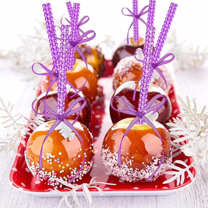 Bling Sticks for Candy Apples, 26Pcs Caramel Apple Wooden Pointed Skewers with 26Pcs Glass Bag and 22Yd Glitter Ribbons Tie, Fruit Cake Pop Chocolate Purple Crystal Bamboo Sticks for Party Favor