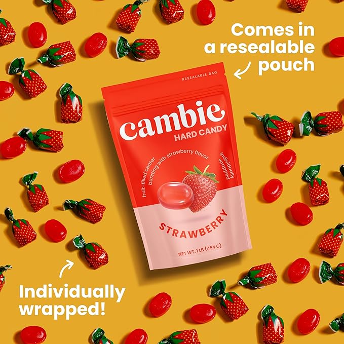 Strawberry Hard Candy Individually Wrapped by Cambie, 1 lb of Strawberry Candy with a Deliciously Sweet Hard Exterior with a Soft, Fruit-Filled Center