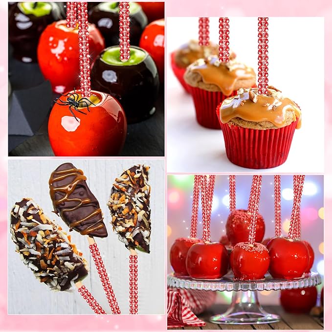Bling Sticks for Candy Apples, 26Pcs Caramel Apple Wooden Pointed Skewers with 26Pcs Glass Bag and 22Yd Glitter Ribbons Tie, Fruit Cake Pop Chocolate Red Crystal Bamboo Sticks for Party Favor
