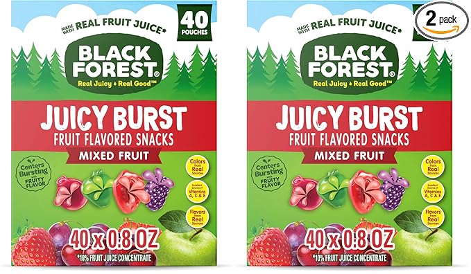 Black Forest Juicy Burst Fruit Snacks, Mixed Fruit Flavors, 0.8 Ounce Pouches (40 Count) (Pack of 2)