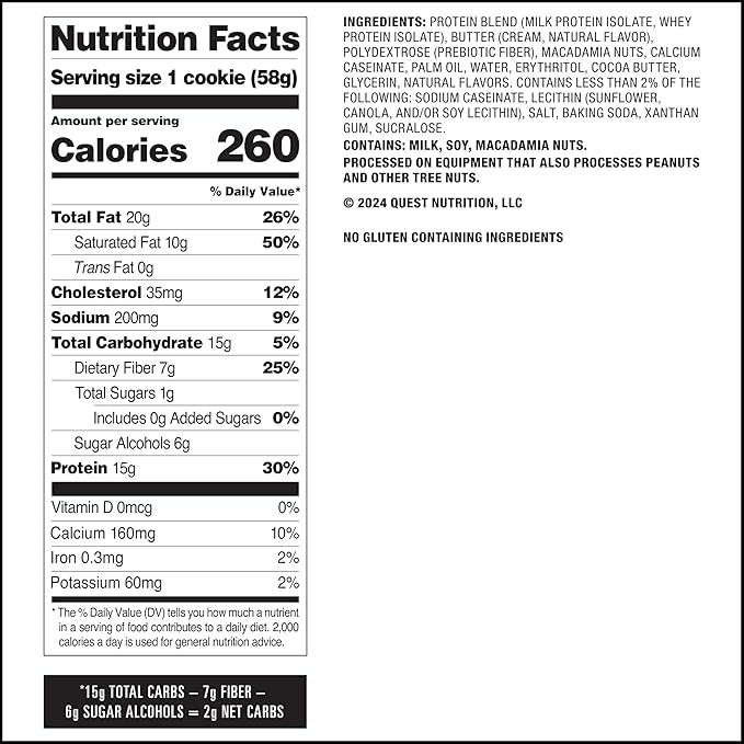 Quest Nutrition White Chocolate Macadamia Protein Cookie, 15g Protein, 1g Sugar, 2g Net Carbs, Keto Friendly, High Protein, Low Carb; 12 Count