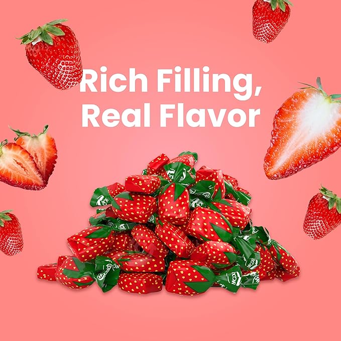 Strawberry Bulk Candy – Cambie Strawberry Hard Candy with Fruit-Filled Center, 12 lbs Individually Wrapped Bon Bons for Piñata Filler, Candy Bags, Party Favors Fruit-Filled Center