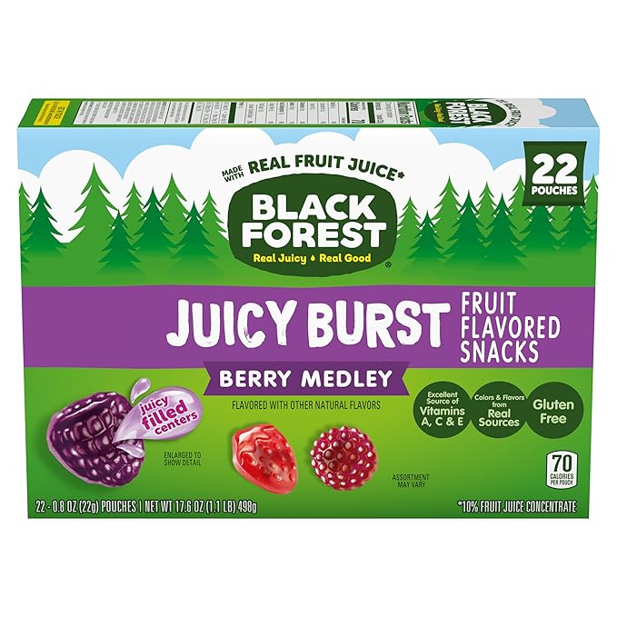 Black Forest Juicy Burst Fruit Snacks, Berry Medley, 0.8 Ounce Pouches (22 Count)