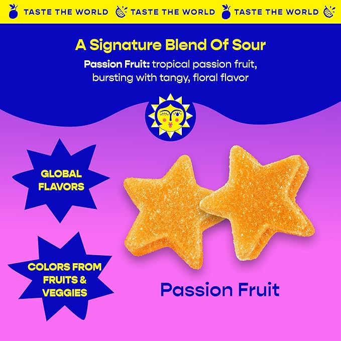 Better Sour Disney’s Moana 2 Passion Fruit Gummy Stars Candy Naturally Flavored Plant-Based Low 4g/70 cal per 1.8oz Sugar Healthy Sour Gummy CandyBag Healthy Treats for Teens & Adults (Pack of 10)