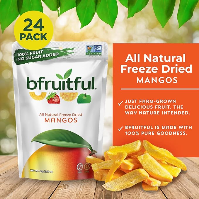 bfruitful Freeze-Dried Mango, Freeze Dried Fresh Fruit Bites, Gluten Free, Vegan, Dairy Free, Kosher, No Sugar Added, Non GMO, Healthy Snacks for Kids or Adults, Single-Serve Snack Packets, 24 Pack