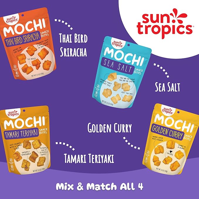 Sun Tropics Mochi Snack Bites, Golden Curry Flavor- 3.5 oz (6 Pack) | Crispy Crunchy Mochi Bites, Rice Nuggets | Mochi Puff Rice Crackers- Gluten Free & Dairy Free- No MSG Added | Asian Rice Snacks