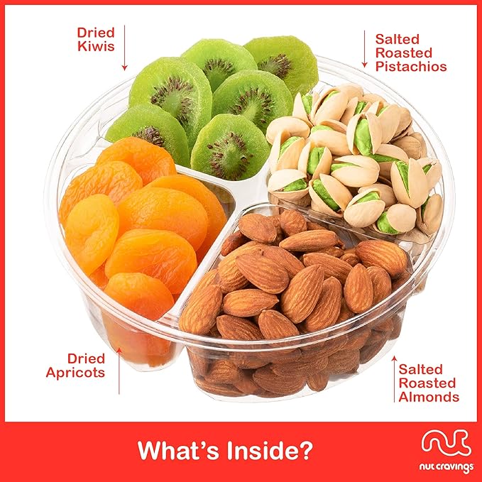 NUT CRAVINGS - Rosh Hashana & Shana Tova Dried Fruit & Mixed Nuts Gift Basket in Red Box (4 Assortments) Food Arrangement, Healthy Snack Care Package, Food Assortments