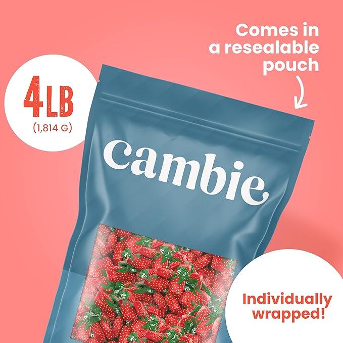 Strawberry Hard Candy Individually Wrapped by Cambie, 4 lbs of Strawberry Candy with a Deliciously Sweet Hard Exterior with a Soft, Fruit-Filled Center