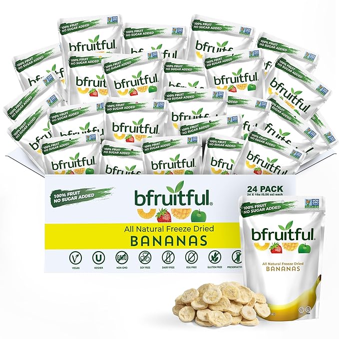 bfruitful Freeze-Dried Banana, Freeze Dried Fresh Fruit Bites, Gluten Free, Vegan, Dairy Free, Kosher, No Sugar Added, Non GMO, Healthy Snacks for Kids or Adults, Single-Serve Snack Packets, 24 Pack