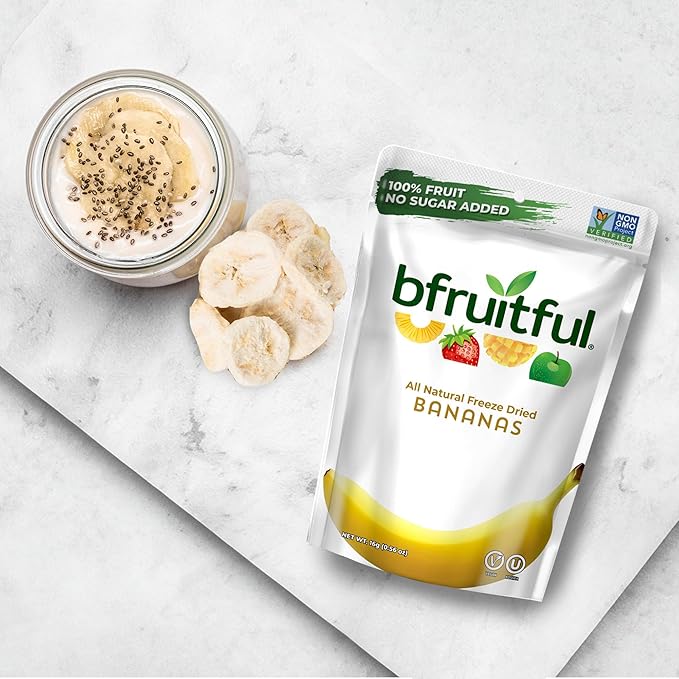 bfruitful Freeze-Dried Banana, Freeze Dried Fresh Fruit Bites, Gluten Free, Vegan, Dairy Free, Kosher, No Sugar Added, Non GMO, Healthy Snacks for Kids or Adults, Single-Serve Snack Packets, 24 Pack