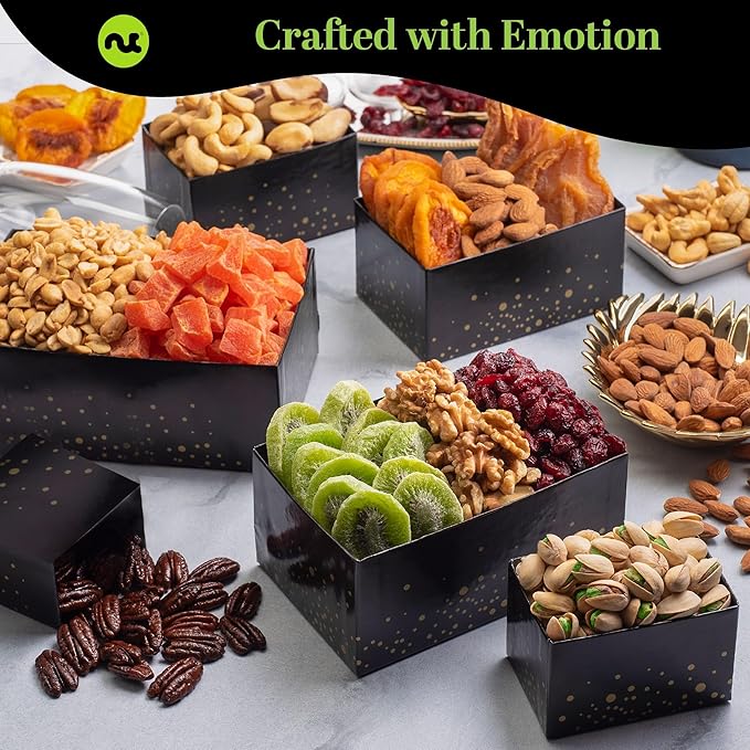 NUT CRAVINGS Gourmet Collection - Congratulations, Nuts & Dried Fruits Tower Gift Basket, with Congrats Ribbon + Greeting Card (12 Assortments) Food Arrangement, Healthy Snack, Food Assortments