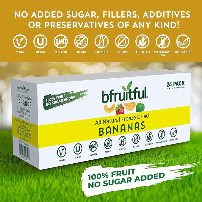 bfruitful Freeze-Dried Banana, Freeze Dried Fresh Fruit Bites, Gluten Free, Vegan, Dairy Free, Kosher, No Sugar Added, Non GMO, Healthy Snacks for Kids or Adults, Single-Serve Snack Packets, 24 Pack