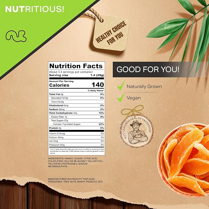 NUT CRAVINGS - Sun Dried Mango Slices, Lightly Sweetened (8oz, 1 Pack) Bulk Dry Fruits Packed Fresh in Resealable Bag - Sweet Healthy Snack, Naturally Grown, Vegan, Kosher