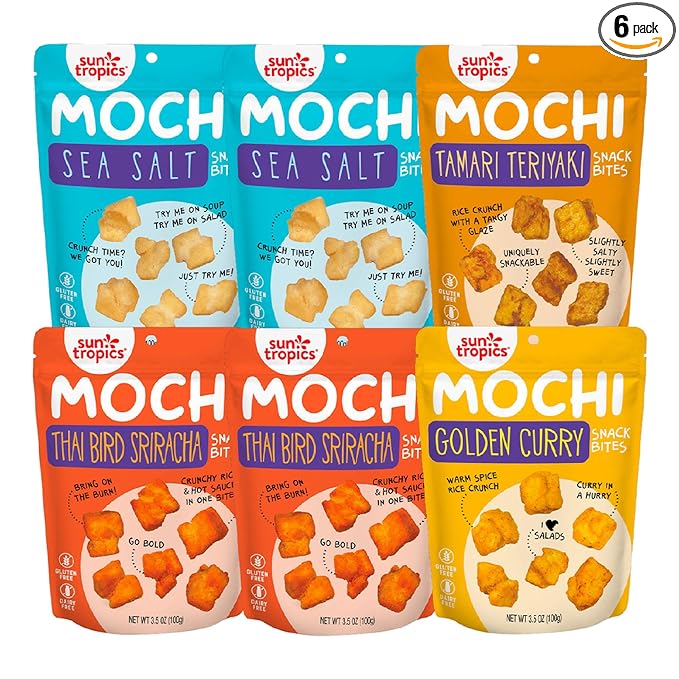 Sun Tropics Mochi Snack Bites, Variety Pack- 3.5 oz (6 Pack) - Crunchy Mochi Snacks - Gluten Free & Dairy Free, No MSG - Asian Rice Snacks
