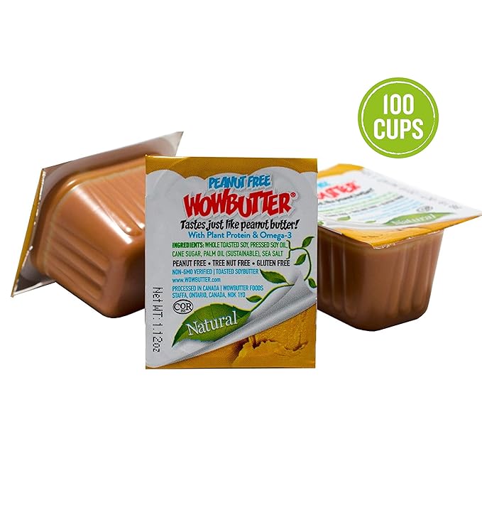 WOWBUTTER - Creamy Peanut & Tree Nut Free Spread - 100 Cups - 1.12oz each - Made With Whole Toasted Soy - All Natural Ingredients - Safe for School - Vegan Plant Protein Food - Gluten Free & Non-GMO