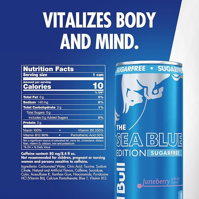 Red Bull Sea Blue Edition Sugar Free Energy Drink, Juneberry, 8.4 fl. oz., 6 x 4 Cans, Pack of 24 Cans, with 80mg Caffeine, Taurine & B Vitamins