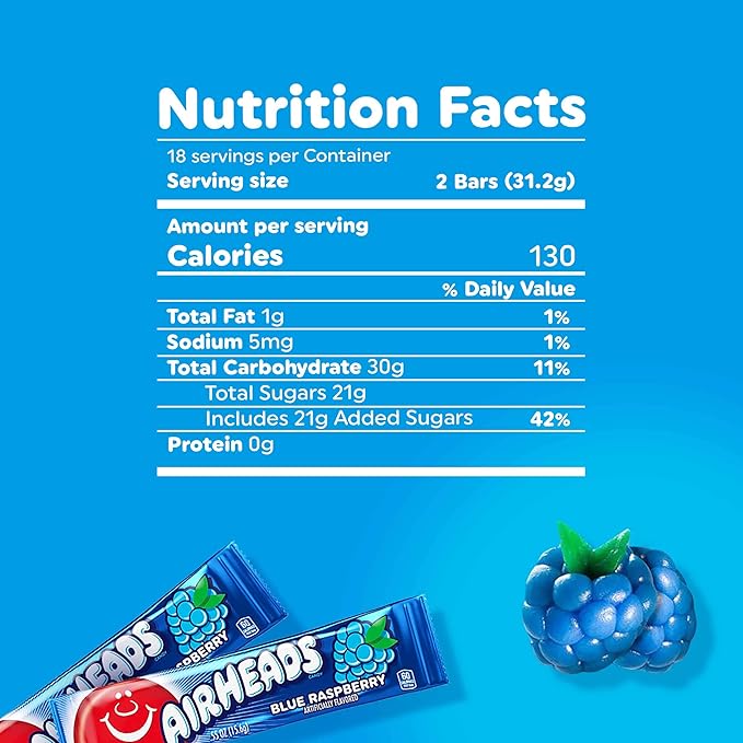 Airheads Candy, Blue Raspberry Flavor, Individually Wrapped Full Size Bars, Taffy, Non Melting, Party, Pack of 36 Bars