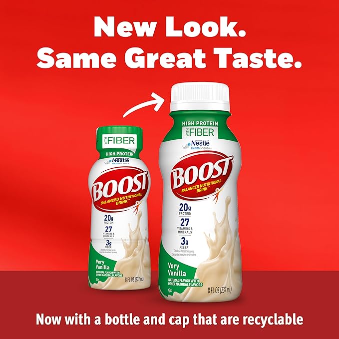 BOOST High Protein with Fiber Ready to Drink Complete Nutritional Drink, Very Vanilla, 8 fl oz Bottle, 24 Pack