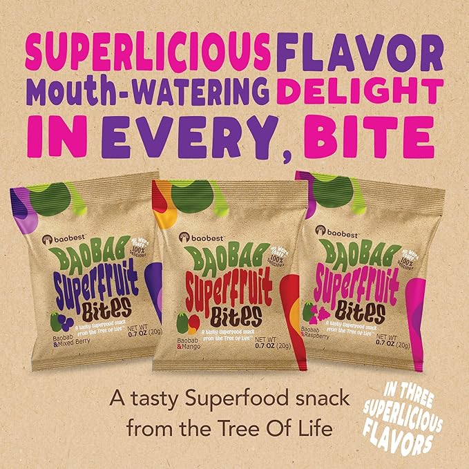 Baobest Superfruit Bites - Baobab Superfruit Variety Pack - Berry, Mango, and Raspberry - Vegan, Gluten Free, High in Vitamin C, Preservative-Free, Superfood Snack from the Tree of Life - 30 Servings