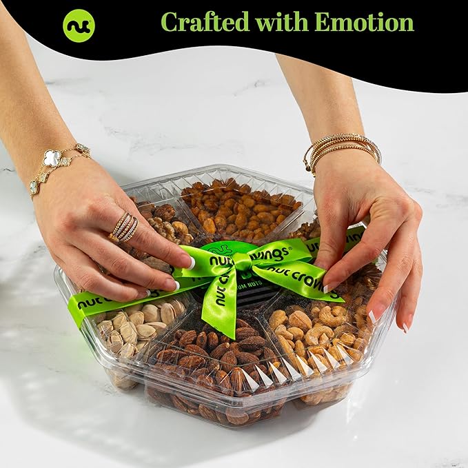 NUT CRAVINGS - Mixed Nuts Gift Basket + Green Ribbon (7 Assortments, 2.2 LB) Food Arrangement, Healthy Snack Care Package, Food Assortments