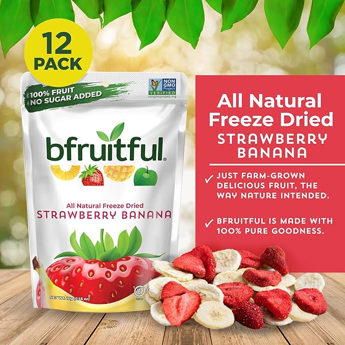 bfruitful Freeze-Dried Strawberry Banana, Freeze Dried Fresh Fruit Bites, Gluten Free, Vegan, Dairy Free, Kosher, No Sugar Added, Non GMO, Healthy Snacks for Kids or Adults, Single-Serve Snack Packets, 12 Pack